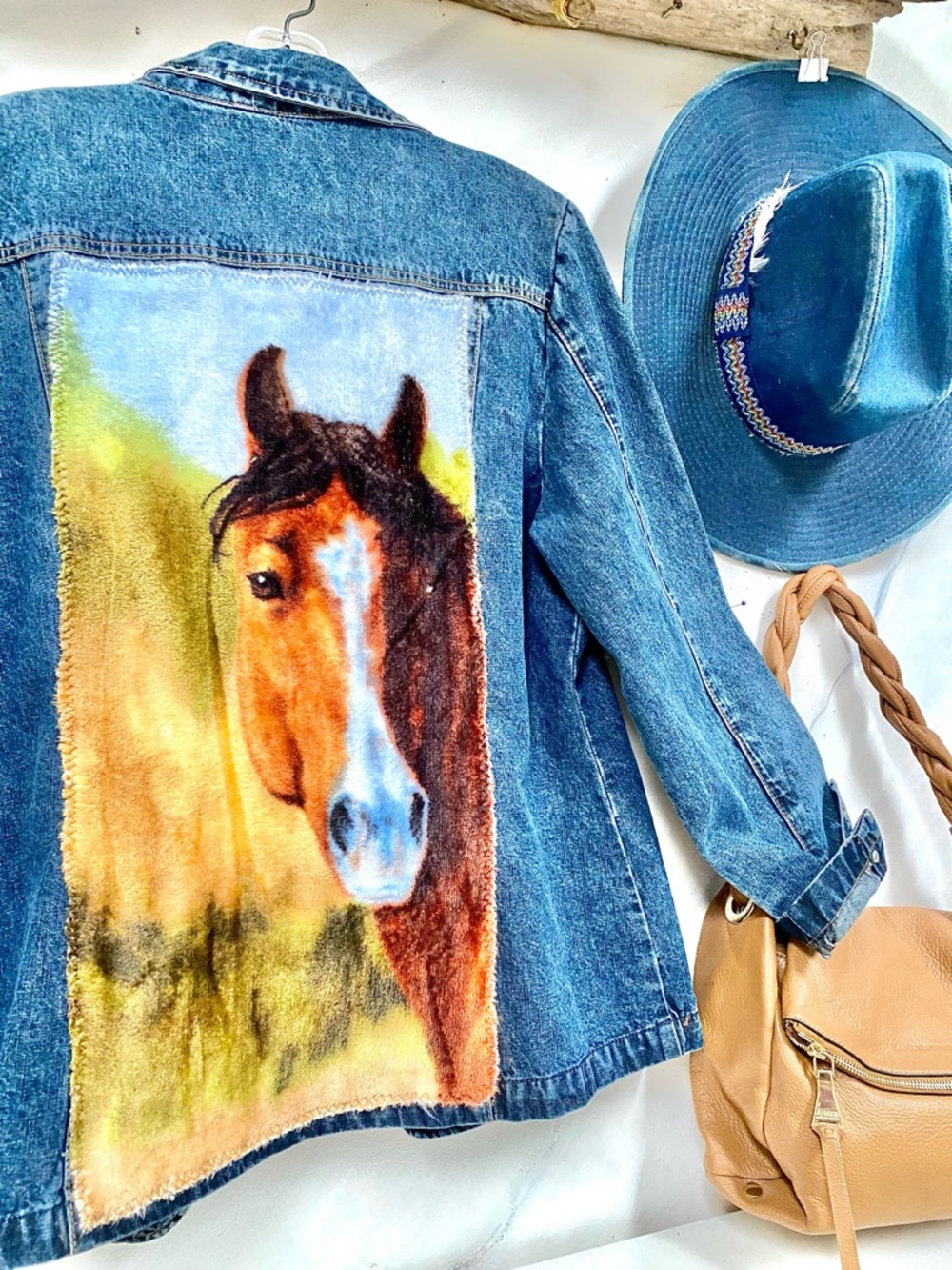 Sold⭐️Upcycled HORSE equestrian Denim/jean Jacket w Distressed southwestern vibe - Picture 2 of 12